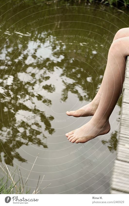 die Seele baumeln lassen Ausflug Mensch Kindheit Beine Fuß 1 Natur Landschaft Wasser Gras Bach Erholung hängen sitzen träumen authentisch natürlich dünn grün