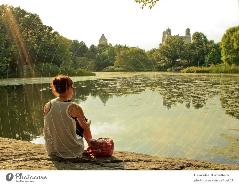 Erleuchtet Freiheit Mensch Junge Frau Jugendliche 1 Landschaft Wasser Frühling Sommer Baum Park Felsen Denken Blick träumen warten frei Gefühle Stimmung ruhig