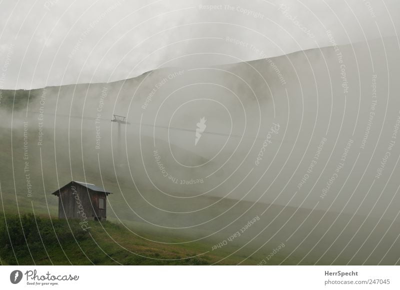 Hüttenwetter Umwelt Natur Landschaft schlechtes Wetter Nebel Alpen Berge u. Gebirge bedrohlich kalt grau grün Einsamkeit Endzeitstimmung Alm Seilbahn Hügel