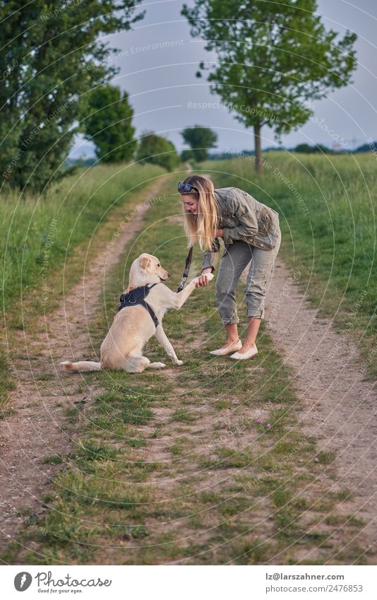 Liebevolle junge Frau bot eine Pfote von ihrem Hund an. Sommer Erwachsene Freundschaft 1 Mensch 18-30 Jahre Jugendliche Landschaft Tier Wege & Pfade blond gold