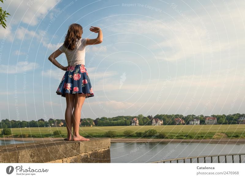 An der Elbe IV, junge Frau an der Elbe feminin Junge Frau Jugendliche 1 Mensch Landschaft Himmel Wolken Sommer Schönes Wetter Baum Gras Wiese Flussufer Haus