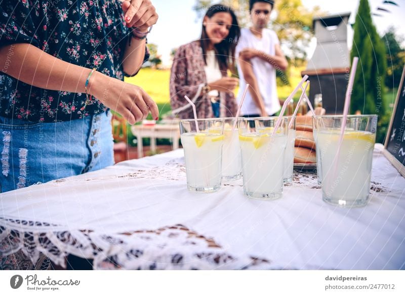 Freunde am Tisch mit frischer Limonade, die Spaß macht. Getränk trinken Trinkhalm Lifestyle Freude Glück Freizeit & Hobby Sommer Garten sprechen Frau Erwachsene