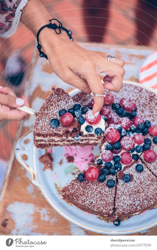 Mann mit Stück Kuchen bei einem Sommergrill Dessert Mittagessen Teller Lifestyle Freude Glück Freizeit & Hobby Garten Feste & Feiern sprechen Frau Erwachsene