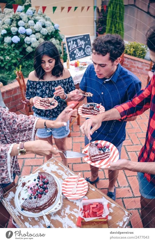 Freunde essen Kuchen und haben Spaß auf der Party. Dessert Essen Mittagessen Teller Lifestyle Freude Glück Freizeit & Hobby Sommer Garten Tisch Feste & Feiern