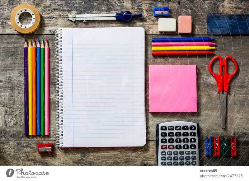 Zurück zur Schule Bildung lernen Arbeitsplatz Büro Papier Schreibstift Holz blau braun mehrfarbig grün rosa rot weiß zurück zur Schule Vorrat Notizbuch