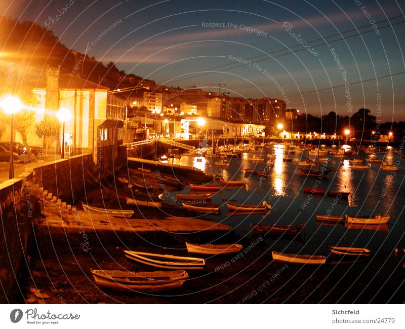 Hafen Spanien Sonnenuntergang Nacht Stadt Portwein Wasserfahrzeug Licht Laterne Haus Meer Strand Europa Pontedeume Straße