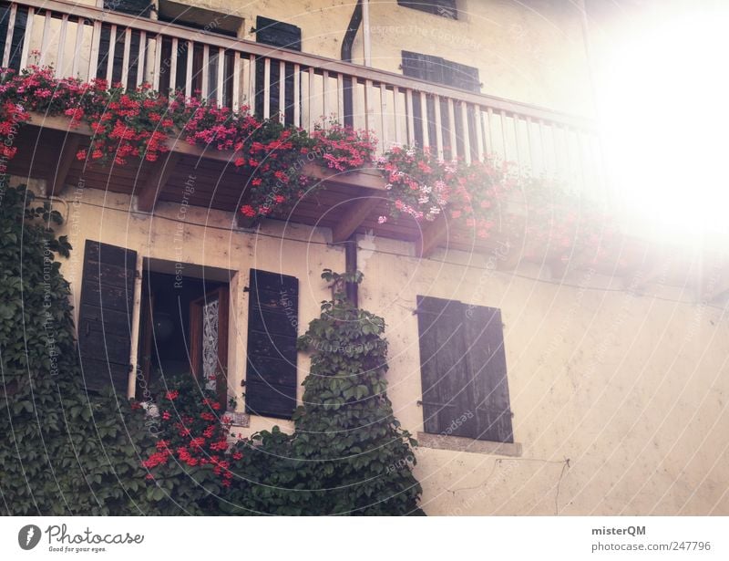 daheim. Dorf Kleinstadt Haus Hütte Kitsch Bayern Fassade Balkon Tradition alt konventionell Blume Vorgarten ländlich Fenster Heimat Sonne Scheinwerfer