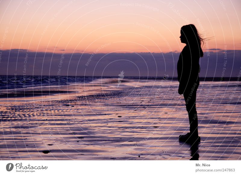 stillgestanden Ferien & Urlaub & Reisen Ferne Sommerurlaub Strand Meer Mädchen Natur Himmel Wetter Küste Nordsee Lebensfreude Warmherzigkeit ruhig Silhouette