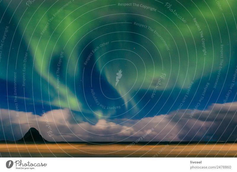 Nordlicht III, Norwegen Erholung Ferien & Urlaub & Reisen Strand Meer Insel Winter Natur Landschaft Luft Himmel Wolken Nachthimmel Klima Schneefall Felsen Küste