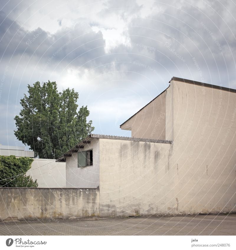 fassade Himmel Wolken Pflanze Baum Grünpflanze Haus Platz Mauer Wand Fassade Fenster trist Farbfoto Außenaufnahme Menschenleer Tag