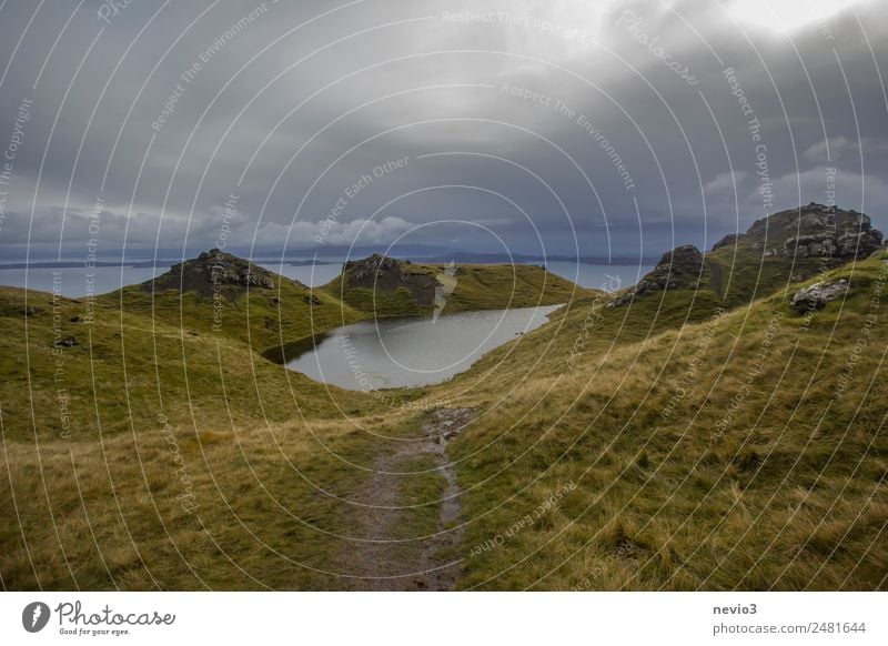 Old Man of Storr auf der Isle of Skye in Schottland Umwelt Natur Landschaft Wolken Gewitterwolken schlechtes Wetter Unwetter Gras Grünpflanze Nutzpflanze Wiese