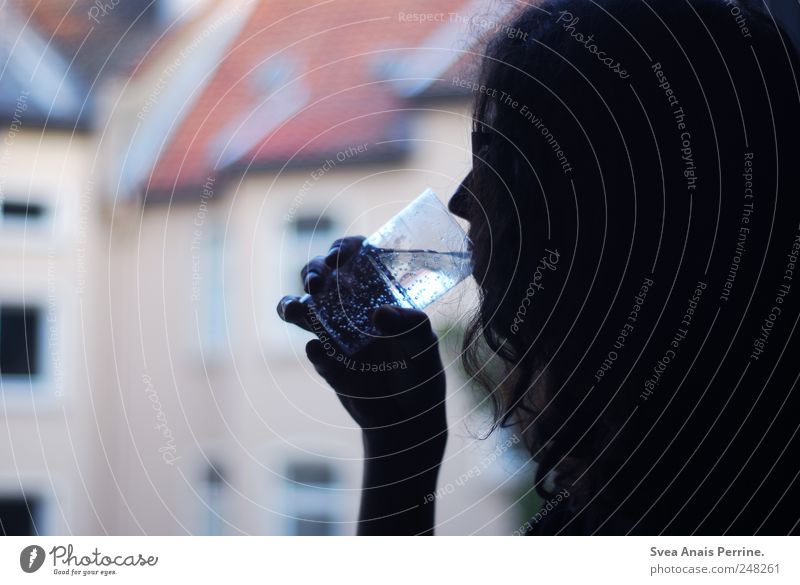 wasser. Haare & Frisuren 1 Mensch langhaarig Locken Wasserglas Glas Wassertropfen festhalten trinken Durst Sehnsucht Enttäuschung Farbfoto Gedeckte Farben