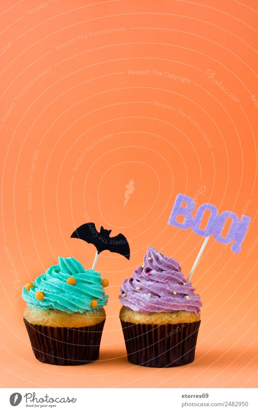 Halloween Törtchen Lebensmittel Kuchen Dessert Ernährung blau grün orange Cupcake süß Foodfotografie Dekoration & Verzierung Muffin Feste & Feiern festlich