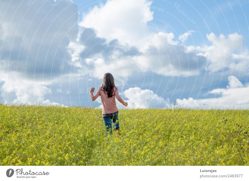 Mädchen, das auf einem Feld mit gelben Blumen spazieren geht, sonniger Tag Gesundheit Erholung Freiheit Sommer feminin 1 Mensch 3-8 Jahre Kind Kindheit