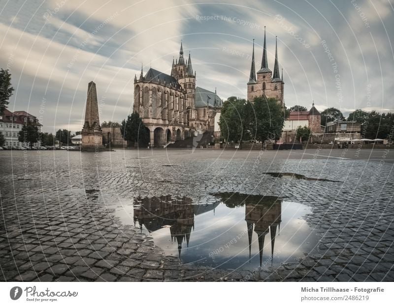 Erfurter Dom und Spiegelung Tourismus Ausflug Sightseeing Städtereise Wolken schlechtes Wetter Regen Stadt Stadtzentrum Altstadt Menschenleer Haus Kirche Platz