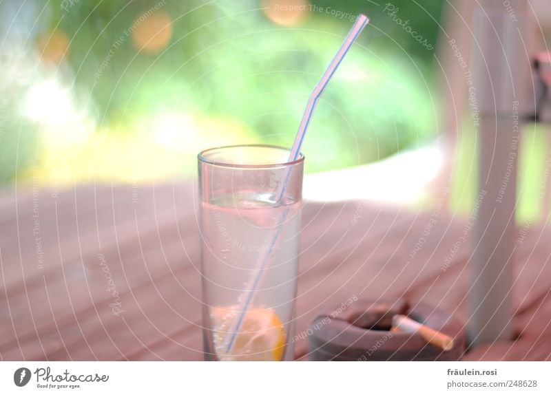 Trink mich... Erfrisch dich! Erfrischungsgetränk Glas Sträucher Garten Holz Kunststoff Rauchen lecker ruhig Zigarette Zigarettenasche Aschenbecher Trinkhalm