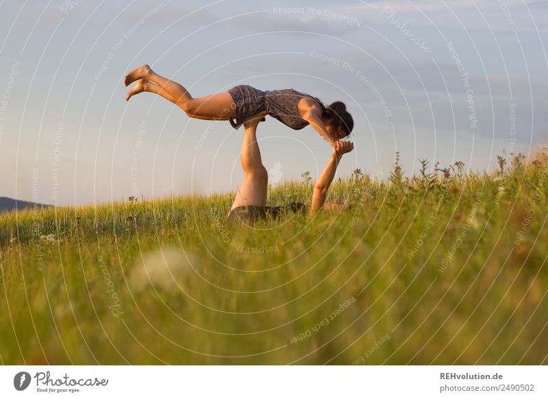 2 Frauen auf der Wiese Lifestyle Gesundheit Junge Frau Freizeit & Hobby Fitness sportlich Umwelt Natur Landschaft Sommer Bewegung Freundschaft