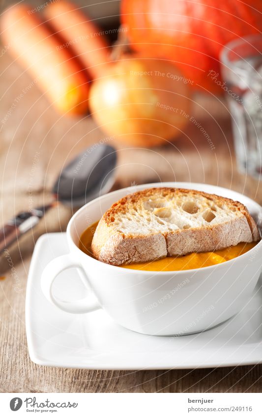 seasonal soup Lebensmittel Gemüse Vegetarische Ernährung Slowfood Teller Tasse Löffel Billig lecker gelb gold weiß Genusssucht Zufriedenheit Suppe Suppenteller