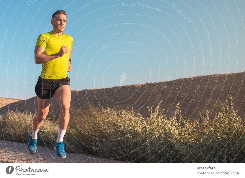 Junger Mann läuft mit grünlich-gelbem Hemd. Lifestyle Sonne Sport Joggen Mensch Erwachsene Park Brücke Bewegung Fitness sportlich Geschwindigkeit weiß rennen