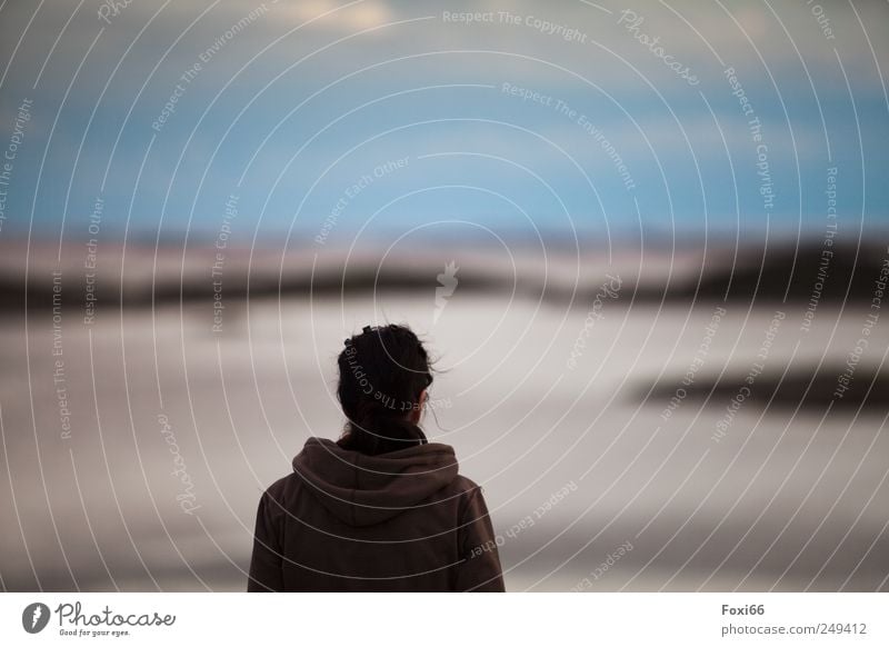 Sehnsucht Frau Erwachsene Kopf Haare & Frisuren Rücken 1 Mensch Wasser Himmel Wolken Horizont Sommer Küste Fjord Meer bevölkert Bekleidung brünett langhaarig