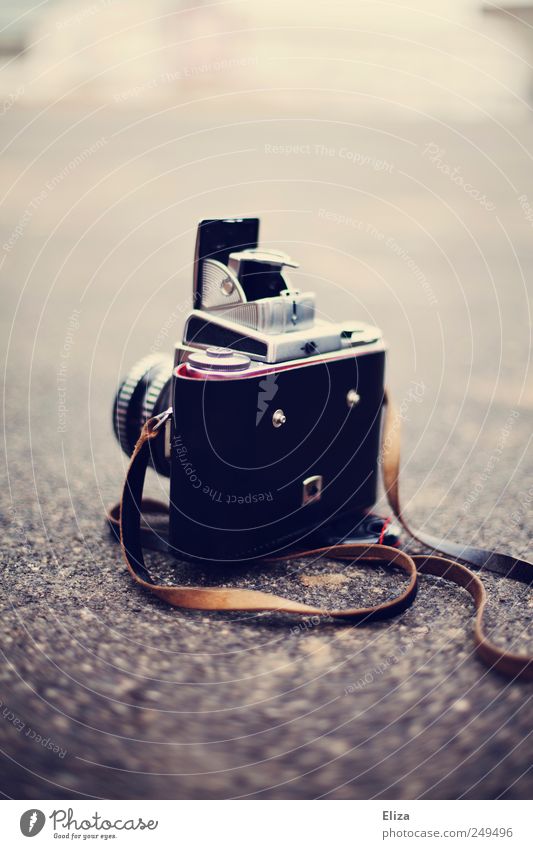 Camera Fotokamera alt analog Boden altehrwürdig Objektiv Gedeckte Farben Außenaufnahme Menschenleer Textfreiraum oben Schwache Tiefenschärfe