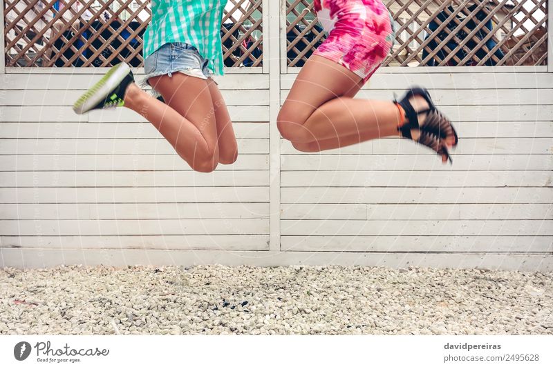 Nicht erkennbare Frauen, die über den Gartenzaun springen Hintergrund Lifestyle Freude Glück Freizeit & Hobby Sommer Mensch Erwachsene Freundschaft Turnschuh