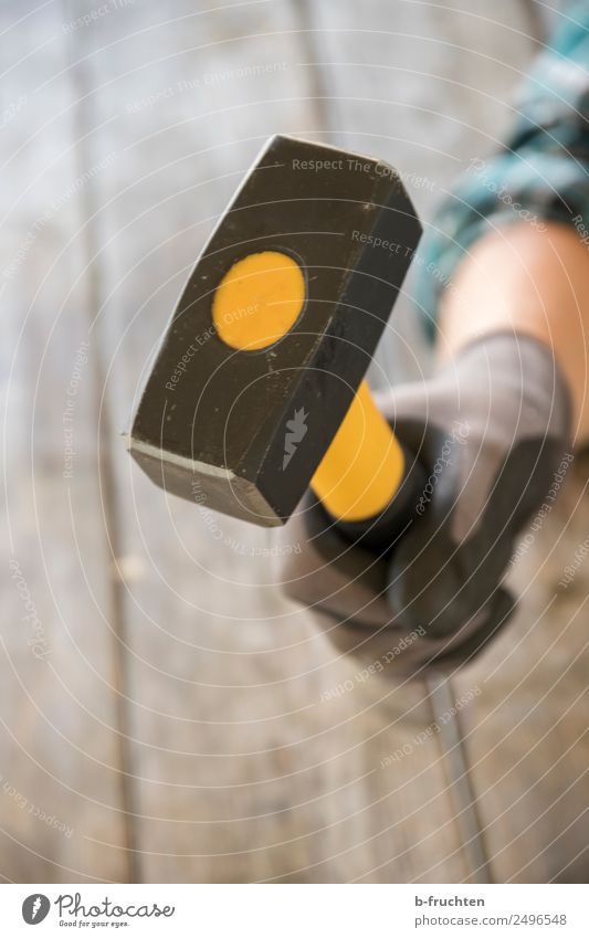 Hammer Hausbau Renovieren Tisch Handwerker Baustelle Frau Erwachsene festhalten Aggression bedrohlich schlagen Werkzeug selbstbewußt Farbfoto Innenaufnahme