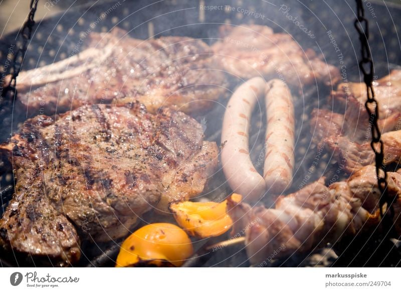 Barbecue Lebensmittel Fleisch Wurstwaren Gemüse Salat Salatbeilage Paprika Paprikastreifen Ernährung Grillen Grillrost Grillkohle Grillsaison Griller Amerika