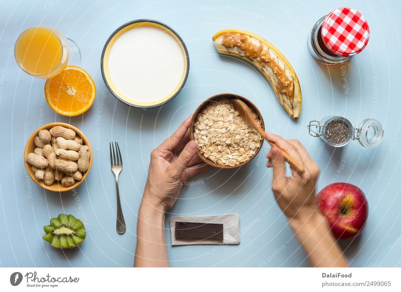 Gesundes Frühstück Joghurt Gemüse Frucht Apfel Croissant Dessert Ernährung Vegetarische Ernährung Diät Saft Tee Schalen & Schüsseln Sommer Tisch Küche Fitness