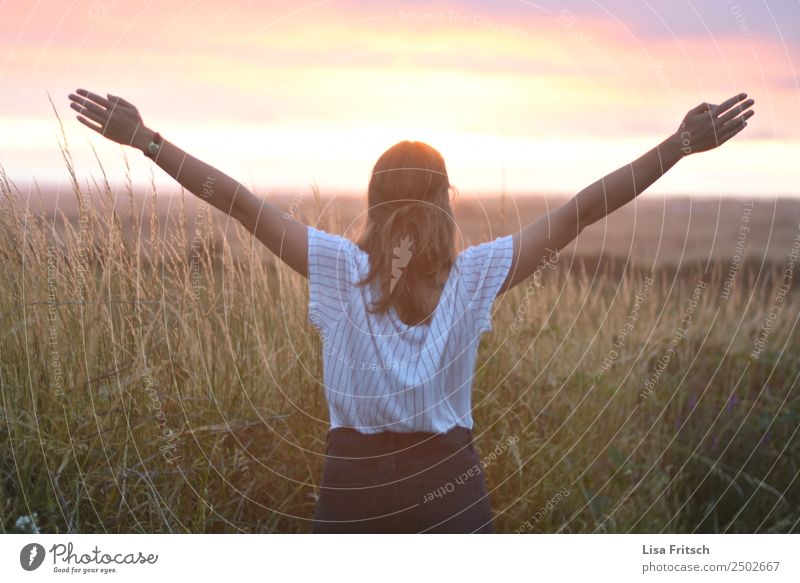 Sonnenuntergang, junge Frau, Hände in die Luft Lifestyle Gesundheit Ferien & Urlaub & Reisen Tourismus Ferne Sommerurlaub Junge Frau Jugendliche 1 Mensch