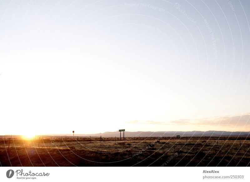 Gegenlicht im Nirgendwo Ferien & Urlaub & Reisen Ausflug Abenteuer Ferne Strassenschild Zaun Natur Landschaft Gras Hügel Berge u. Gebirge Grasland Steppe USA