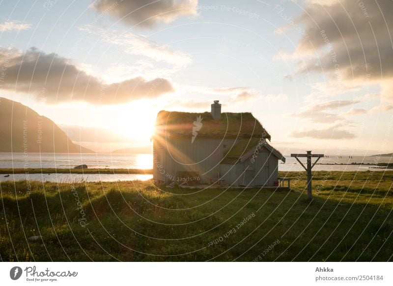 Traum. Hütte. Norwegen. Mitternachtssonne Ferien & Urlaub & Reisen Himmel Sonne Sonnenaufgang Sonnenuntergang Gras Küste Polarmeer Erholung leuchten träumen