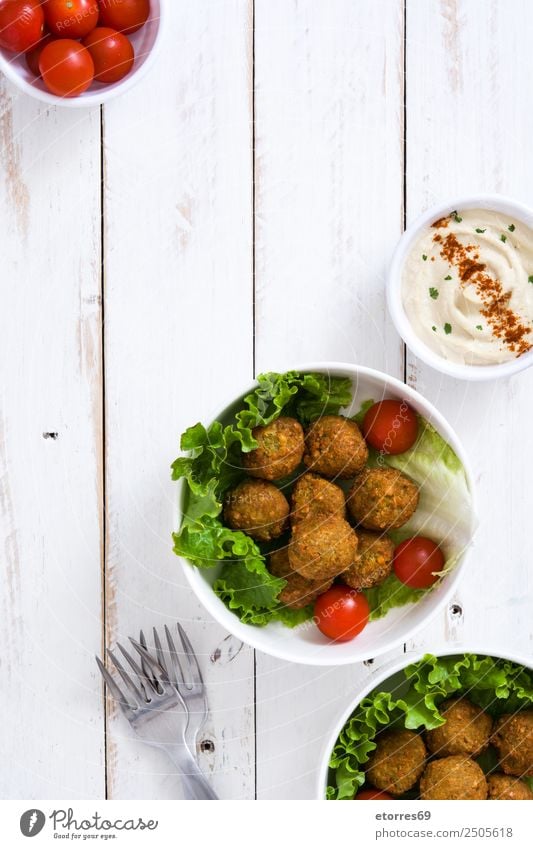 Falafel Lebensmittel Gemüse Getreide Asiatische Küche Schalen & Schüsseln frisch Gesundheit braun Kichererbsen Tomate Kopfsalat Hummus Vegetarische Ernährung