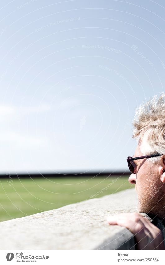 Über die Mauer gucken Mensch maskulin Mann Erwachsene Leben Kopf Haare & Frisuren Finger Wange 1 45-60 Jahre Landschaft Himmel Wolkenloser Himmel Schönes Wetter