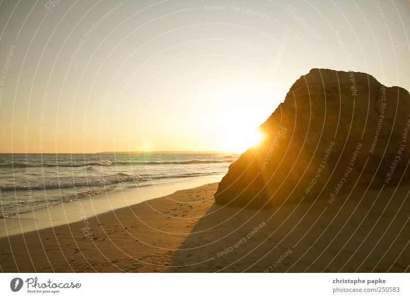 Fels in der Brandung Sommer Sommerurlaub Strand Meer Wellen Wolkenloser Himmel Horizont Sonne Sonnenaufgang Sonnenuntergang Sonnenlicht Schönes Wetter Felsen