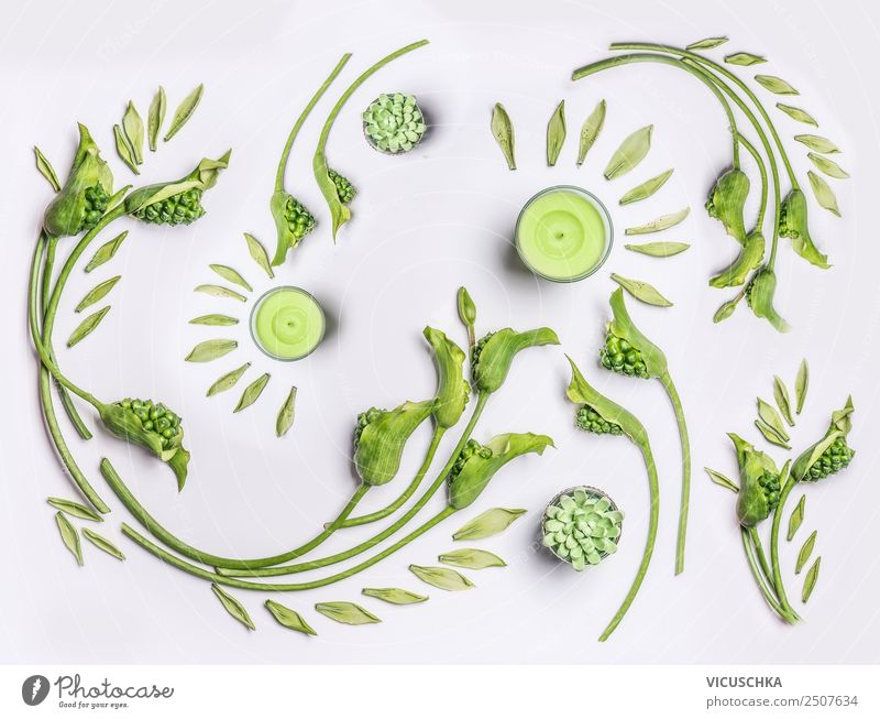 Grüne Blumen und Blätter flat lay Design Gesundheit Wellness Spa Sommer Natur Pflanze Blatt Blüte Dekoration & Verzierung Ornament leaves green candles