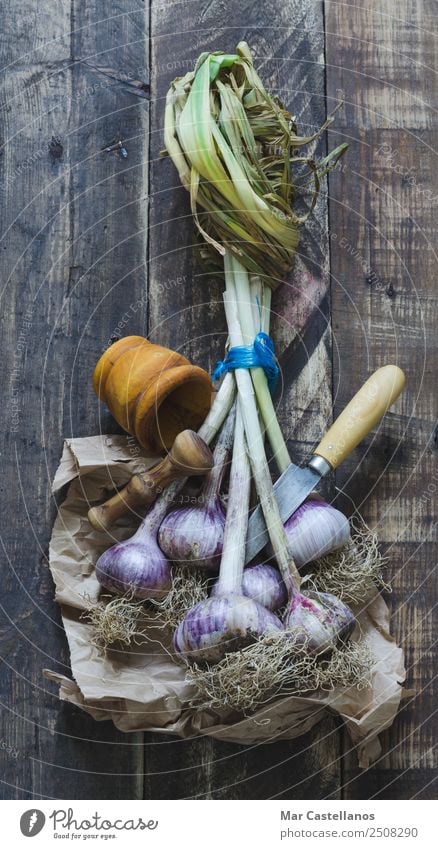 Knoblauchstrauß mit Geschirr auf Holzuntergrund Gemüse Kräuter & Gewürze Ernährung Essen Messer Küche Natur Pflanze Nutzpflanze füttern frisch natürlich braun