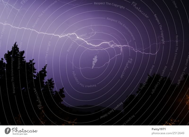 Blitz am Gewitterhimmel Umwelt Natur Landschaft Himmel schlechtes Wetter Unwetter Blitze Baum Hügel Klima Farbfoto Außenaufnahme Menschenleer Textfreiraum oben