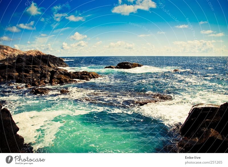 Schaumkrone Umwelt Natur Wasser Erde Himmel Horizont Sommer Schönes Wetter Wellen Küste Fjord Meer ästhetisch außergewöhnlich Ferne Unendlichkeit natürlich blau