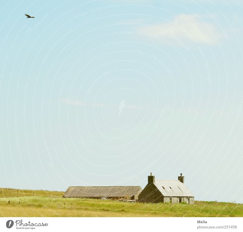 Weit Umwelt Landschaft Himmel Wiese Feld Menschenleer Haus Gebäude Bauernhof Cottage Landhaus alt blau grün Stimmung Einsamkeit ruhig Verfall Vergänglichkeit