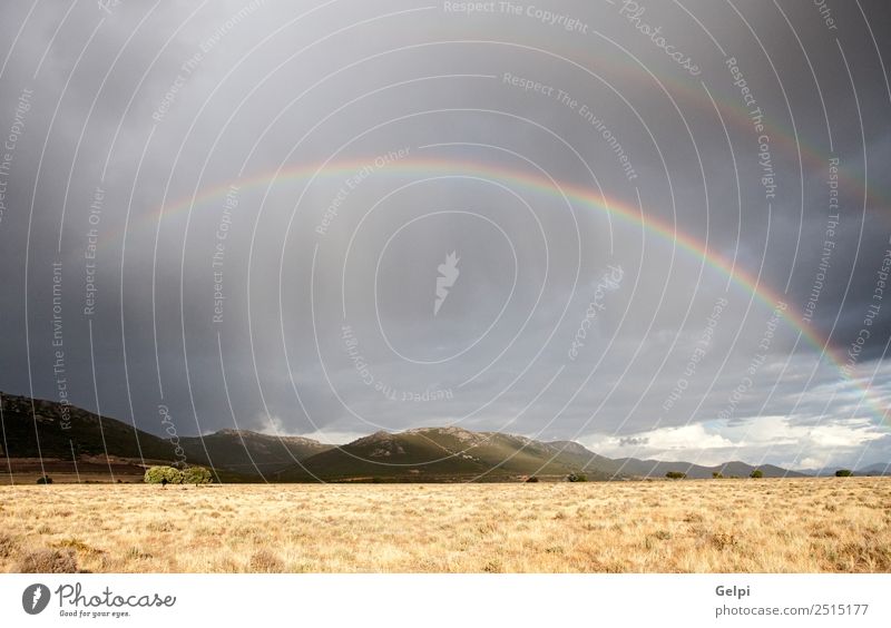 Dunkler Himmel mit Wolken und Regenbogen Sommer Sonne Berge u. Gebirge Umwelt Natur Landschaft Pflanze Horizont Wetter Unwetter Wind Wiese Wachstum Coolness