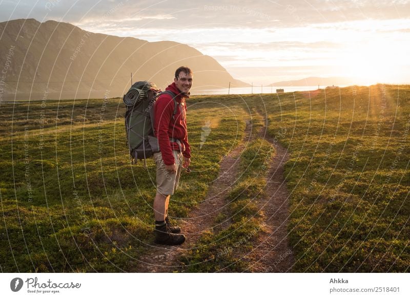 Junger Mann mit Wanderrucksack in Mitternachtssonne am Fjord Ferien & Urlaub & Reisen Abenteuer Ferne Freiheit Insel wandern Jugendliche Sonne Gras Bucht