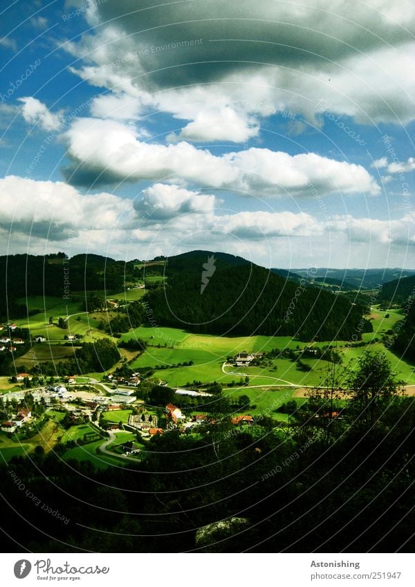 Hügellandschaft II Umwelt Natur Landschaft Pflanze Luft Himmel Wolken Horizont Sommer Klima Wetter Schönes Wetter Baum Gras Wiese Feld Dorf Haus Straße