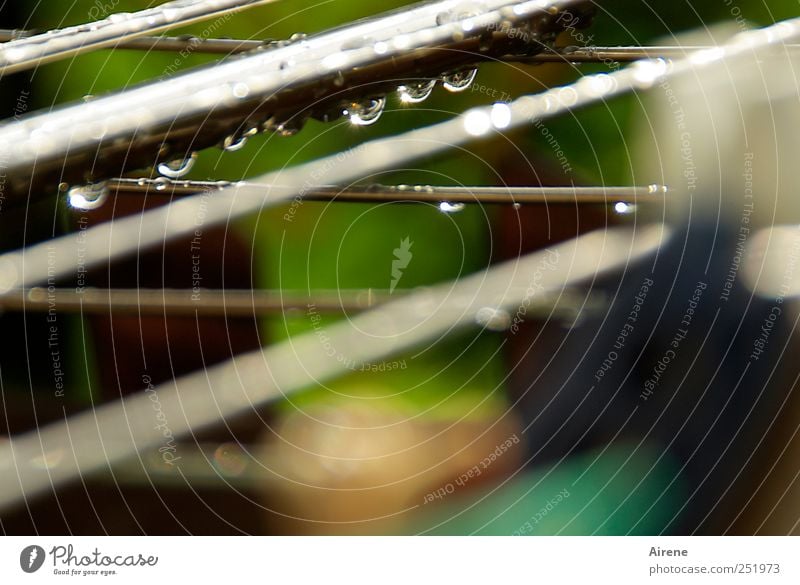 Regen Regen Tröpfchen... Wasser Wassertropfen Wetter schlechtes Wetter Menschenleer Balkon Terrasse Garten Metall Stahl Kunststoff Linie Tropfen hängen glänzend