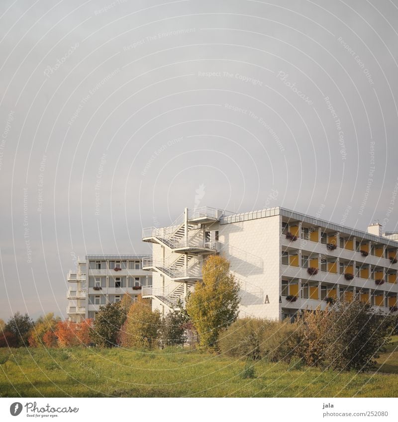 A Umwelt Natur Himmel Gras Sträucher Wiese Haus Bauwerk Gebäude Architektur Treppe Fassade Balkon Fenster Stadt Farbfoto Außenaufnahme Menschenleer