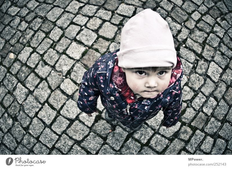 ...wenn ich mal groß bin... Kind Mädchen Kindheit Kopf 1 Mensch 1-3 Jahre Kleinkind Straße frieren klein blau rosa Blick Auge Mütze Jacke Pflastersteine