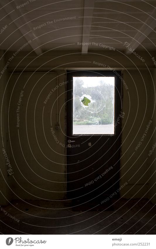 Tatort. Haus Industrieanlage Fenster Tür dunkel kaputt Zerbrochenes Fenster Scherbe Loch Kriminalität Gewalt Vandalismus Farbfoto Gedeckte Farben Innenaufnahme