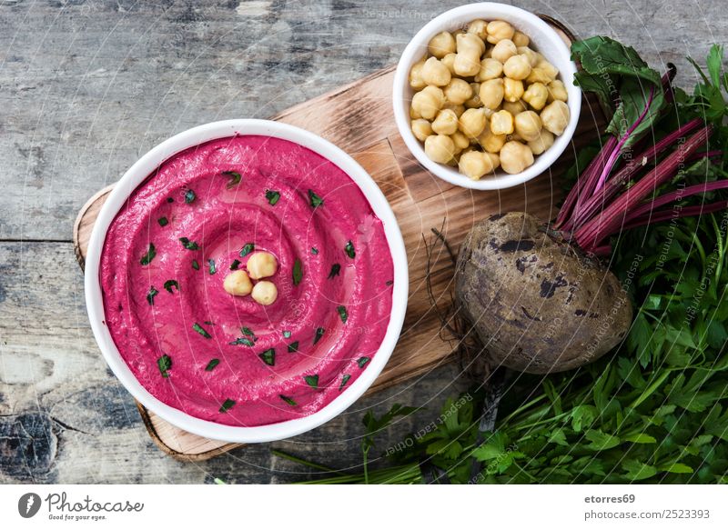 Rübenhummus Lebensmittel Gesunde Ernährung Speise Foodfotografie Brot Vegetarische Ernährung Diät Schalen & Schüsseln Sahne Tisch Holz frisch Hummus Rote Beete