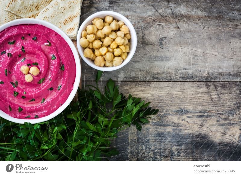 Rübenhummus Lebensmittel Gesunde Ernährung Speise Foodfotografie Brot Vegetarische Ernährung Diät Schalen & Schüsseln Sahne Tisch Holz frisch Hummus Rote Beete