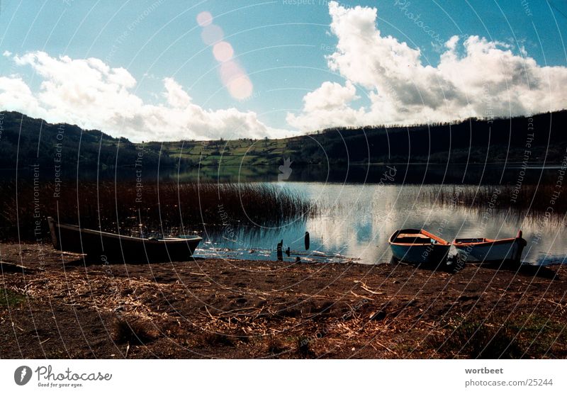 Seeblick Chile Gegenlicht Wasserfahrzeug Schilfrohr ruhig Wolken Südamerika Küste Lago Pullinque